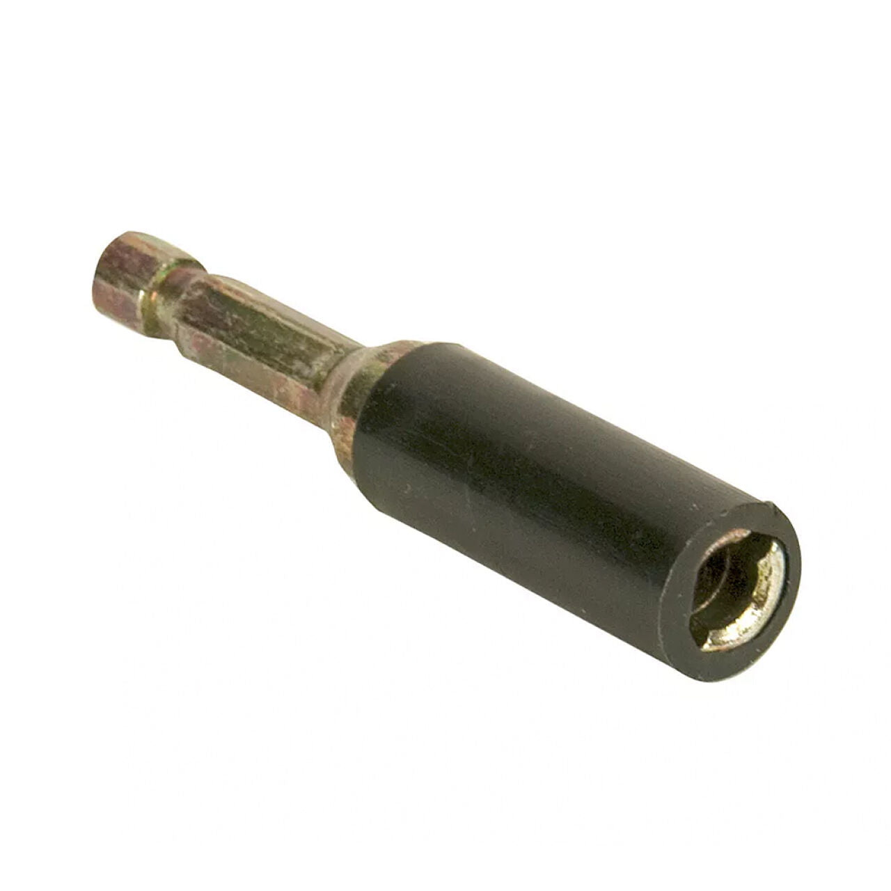 A close-up of the Go Build 3/8 in. Drill Adapter for Lag Eye Screw, featuring a black sleeve and metallic hex shank, designed for use with 3/8 in. power drills, set against a white background.